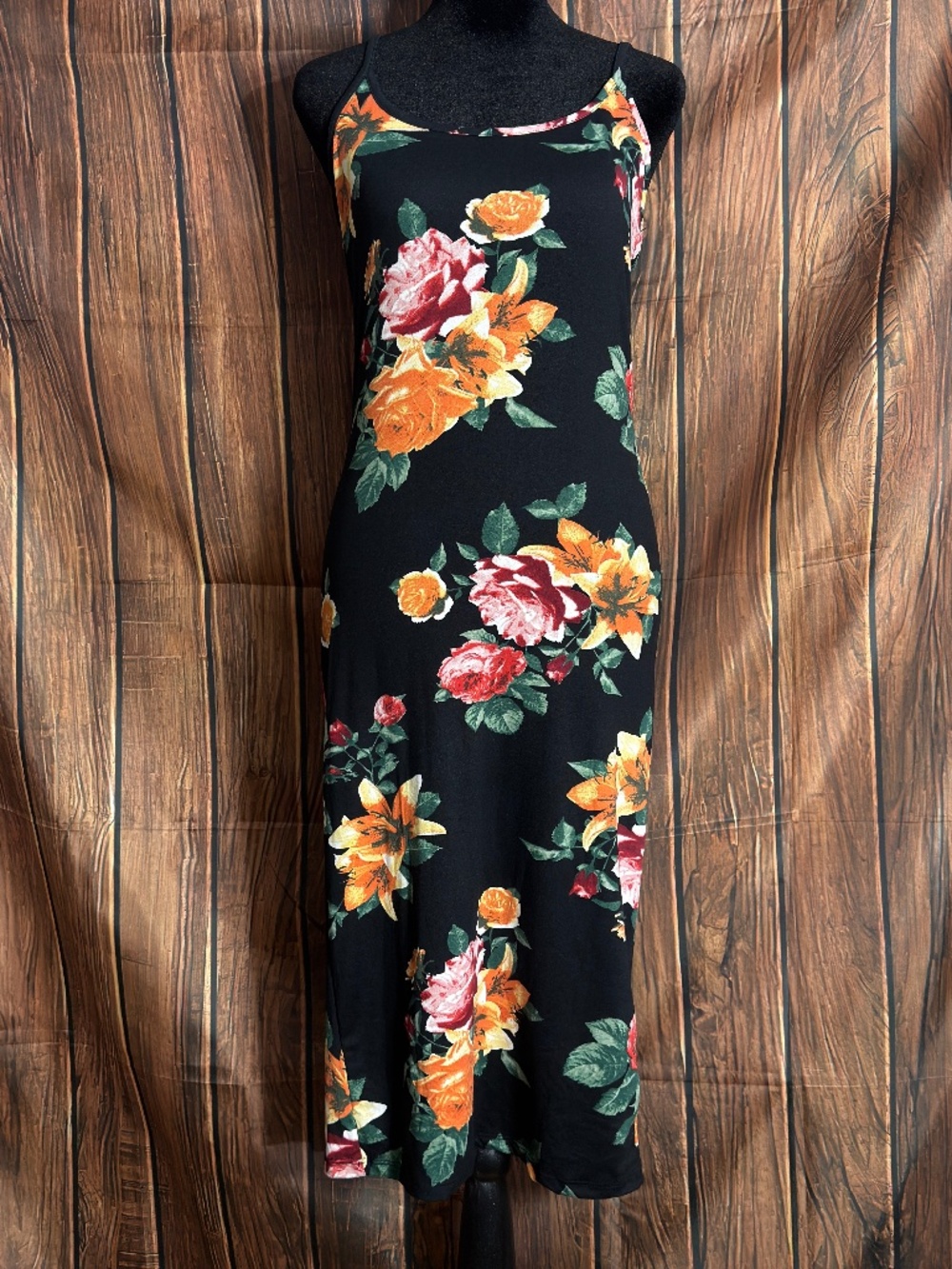 Fashion Nova Midi Dress Large Black Floral Bodycon Spaghetti Strap NWT